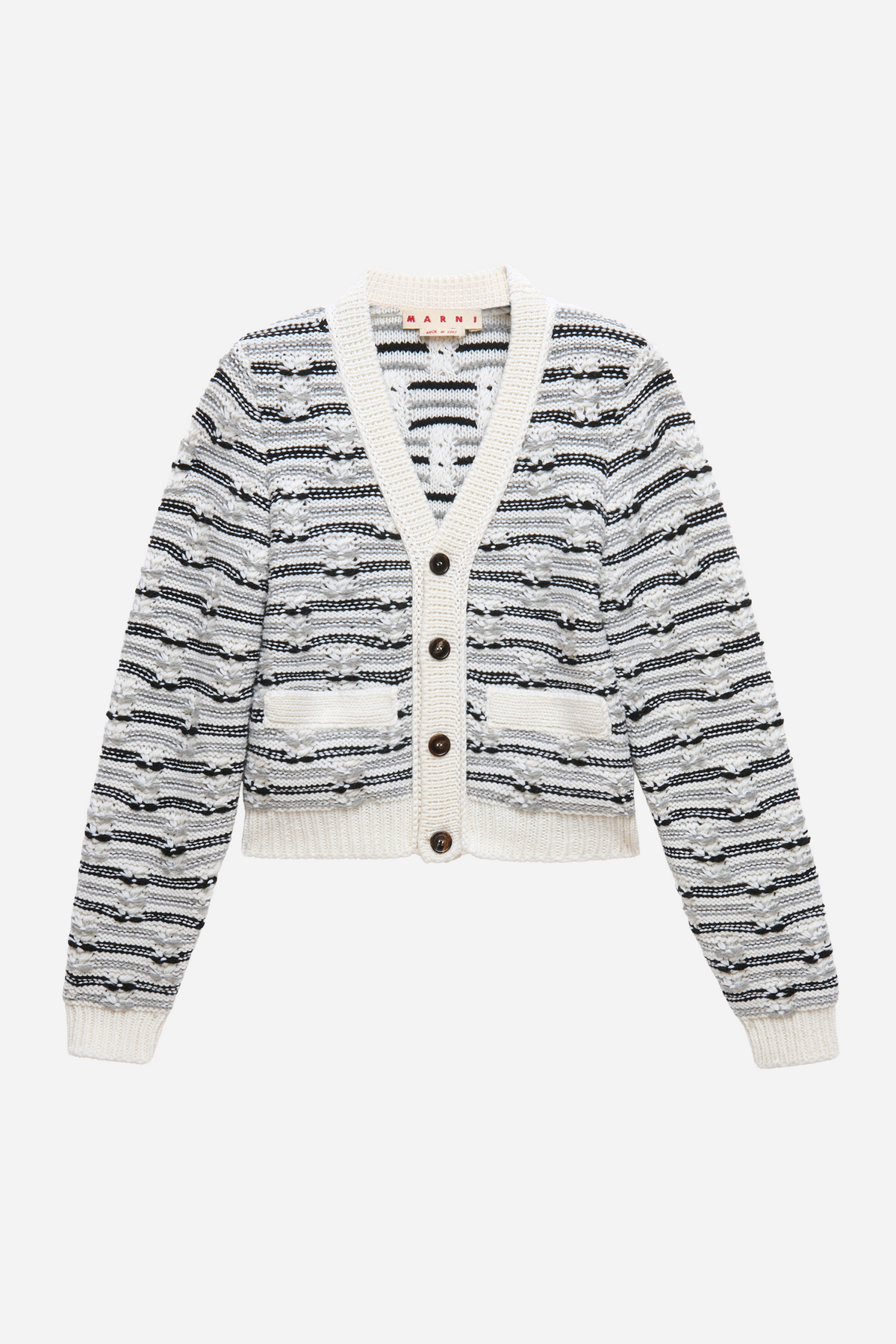 White and Blue Mixed Stitch Wool Cardigan