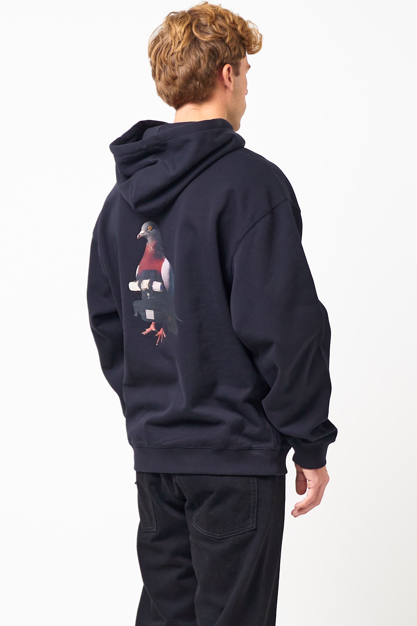 Loose Fit Hoodie Pigeon Print Black