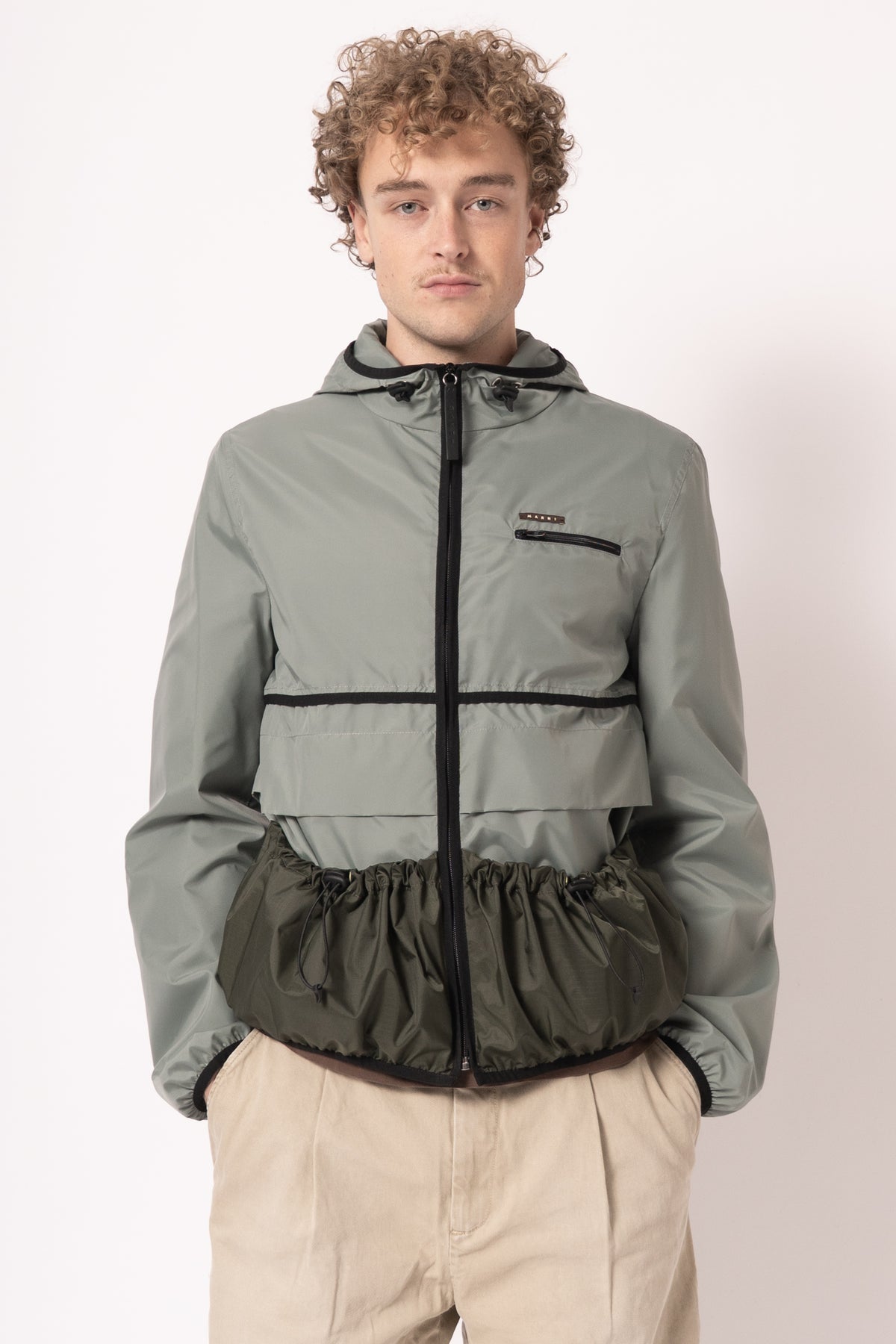 Green Nylon Jacket With Drawstring Pockets