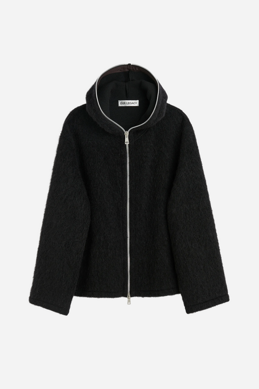 Full Zip Hood Black Hairy Wool