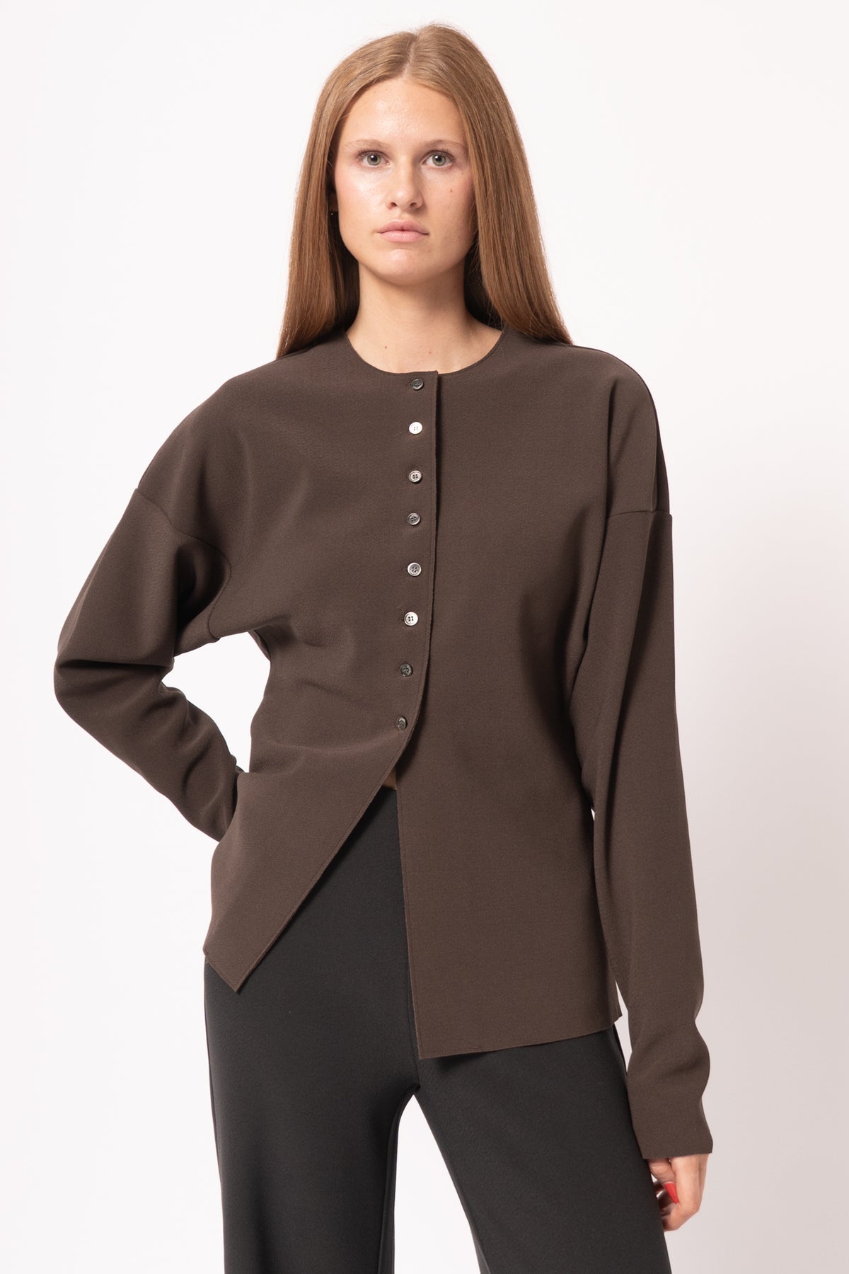 Lay2 Round-Neck Cardigan Cocoa Brown