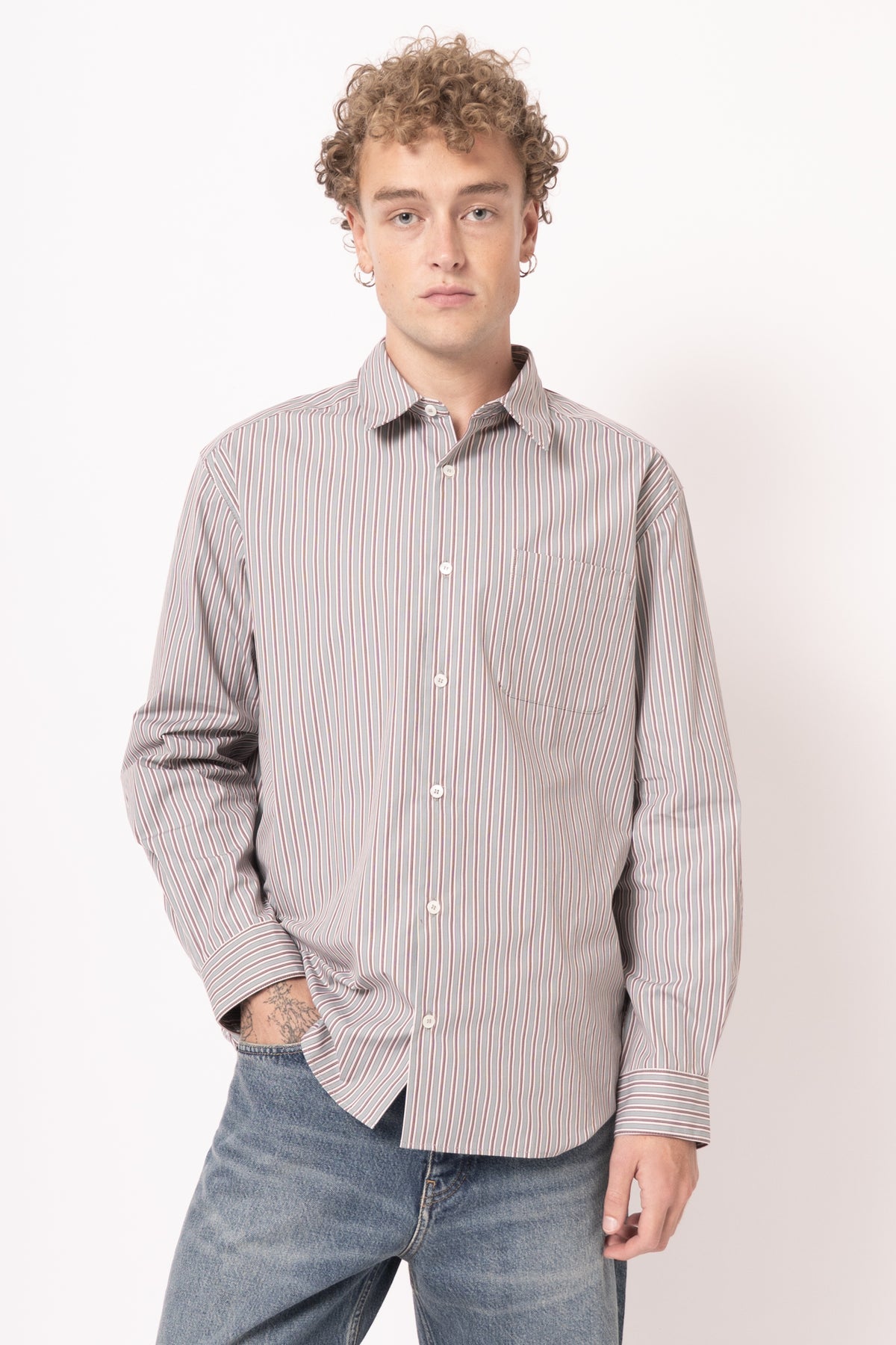 Loose Fit Almond Green Striped Shirt