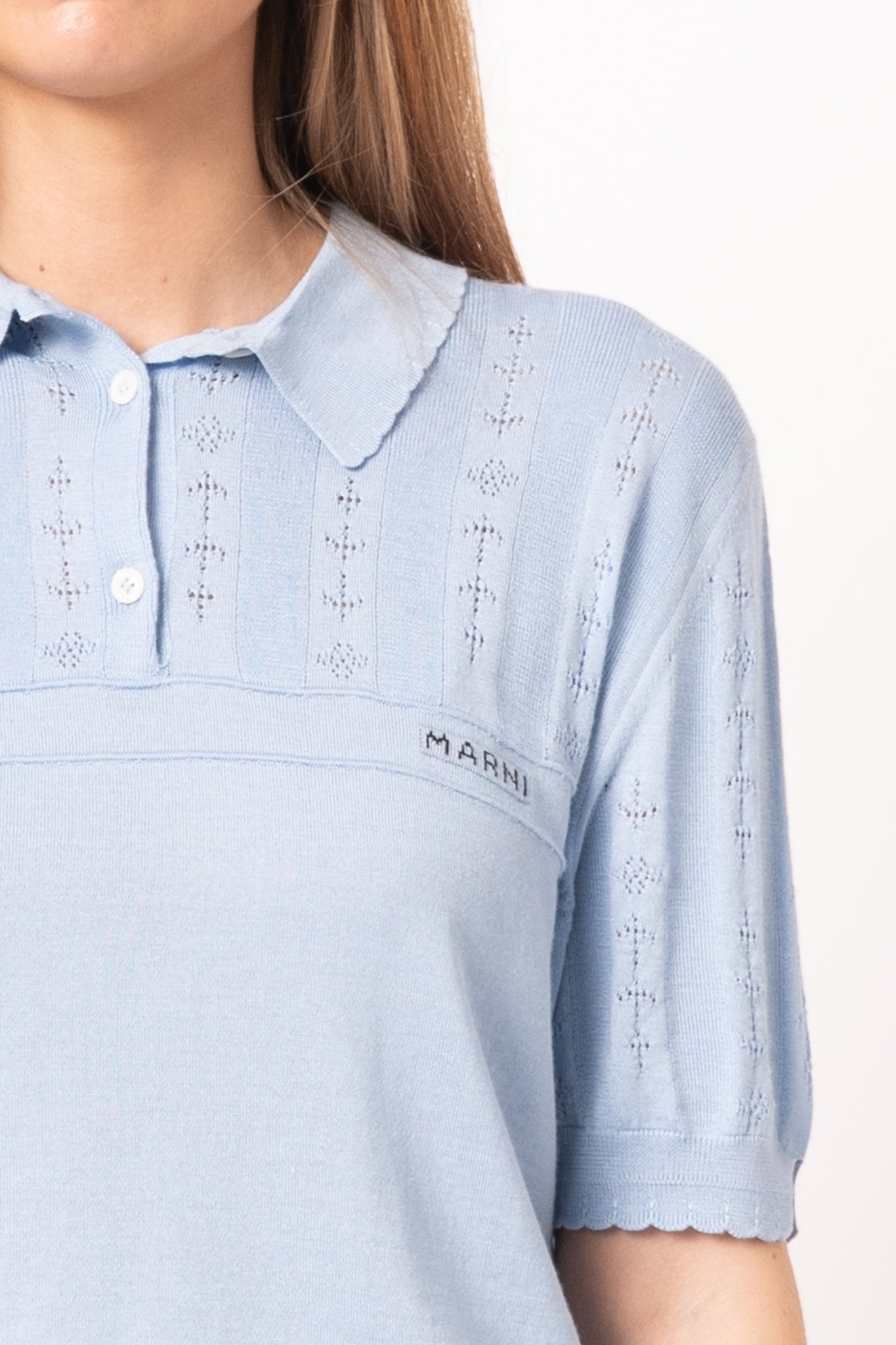 Wool/Silk Pointelle Polo Powder Blue