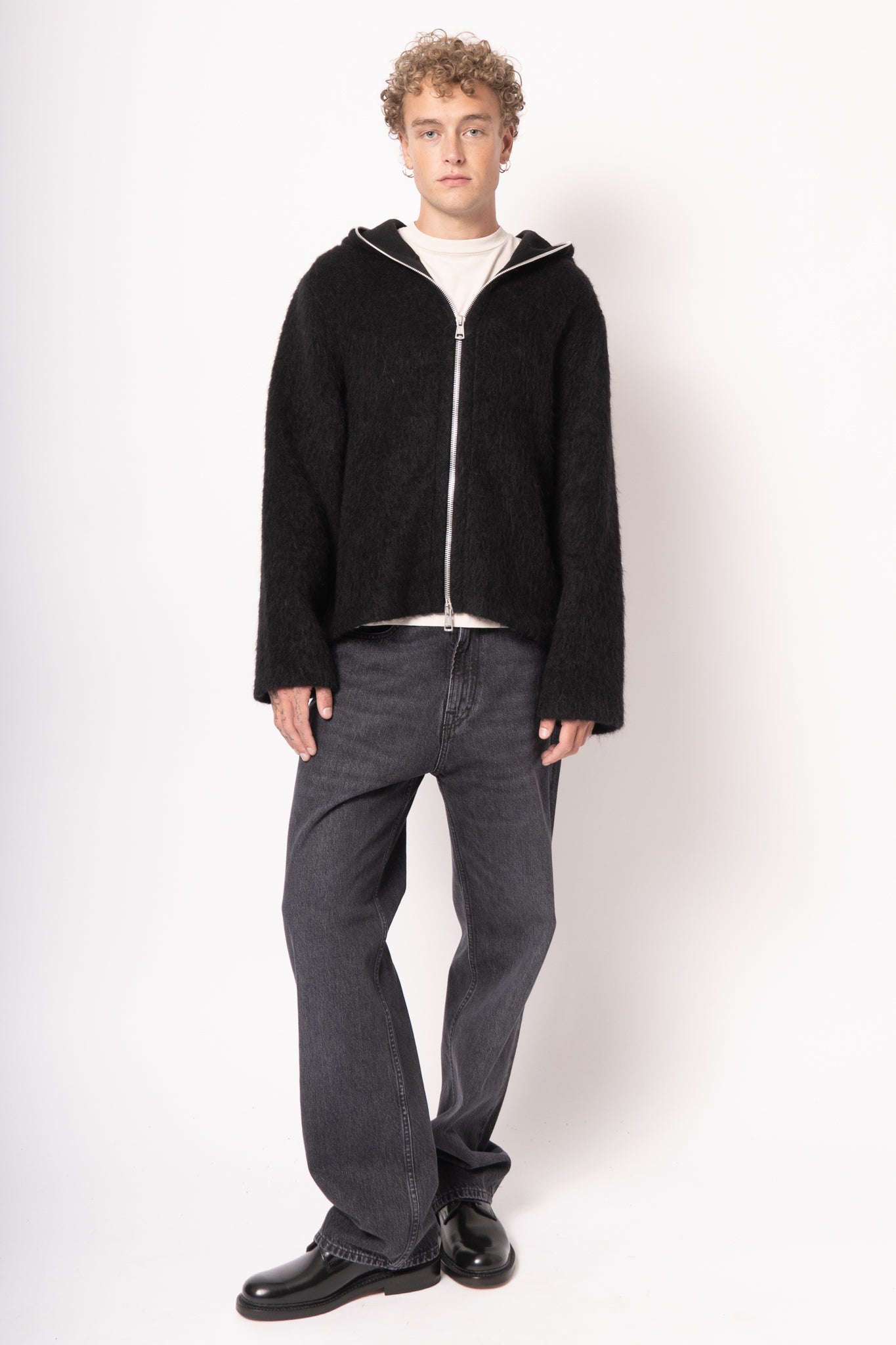 Full Zip Hood Black Hairy Wool