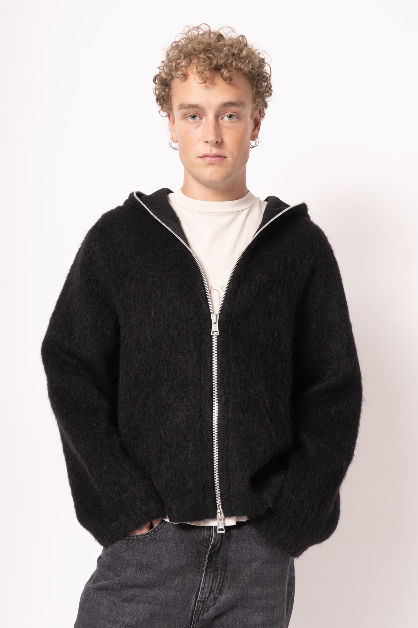 Full Zip Hood Black Hairy Wool