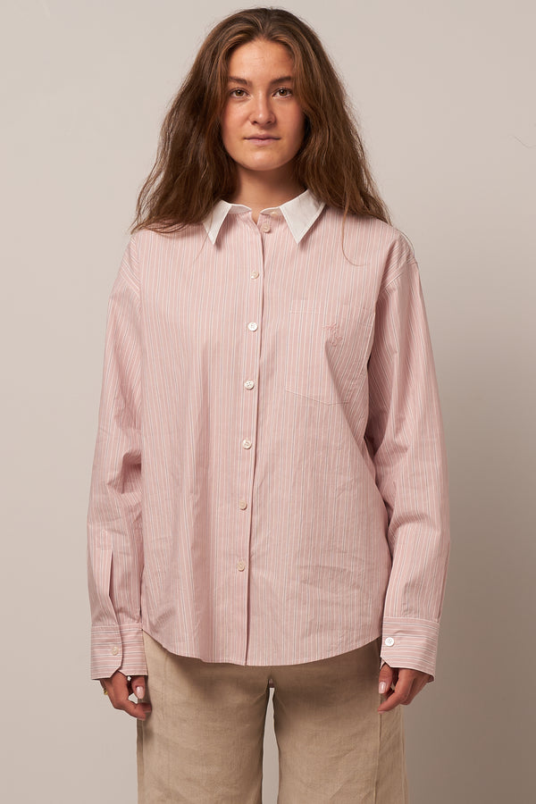 Striped Cotton Shirt Salmon Pink/White