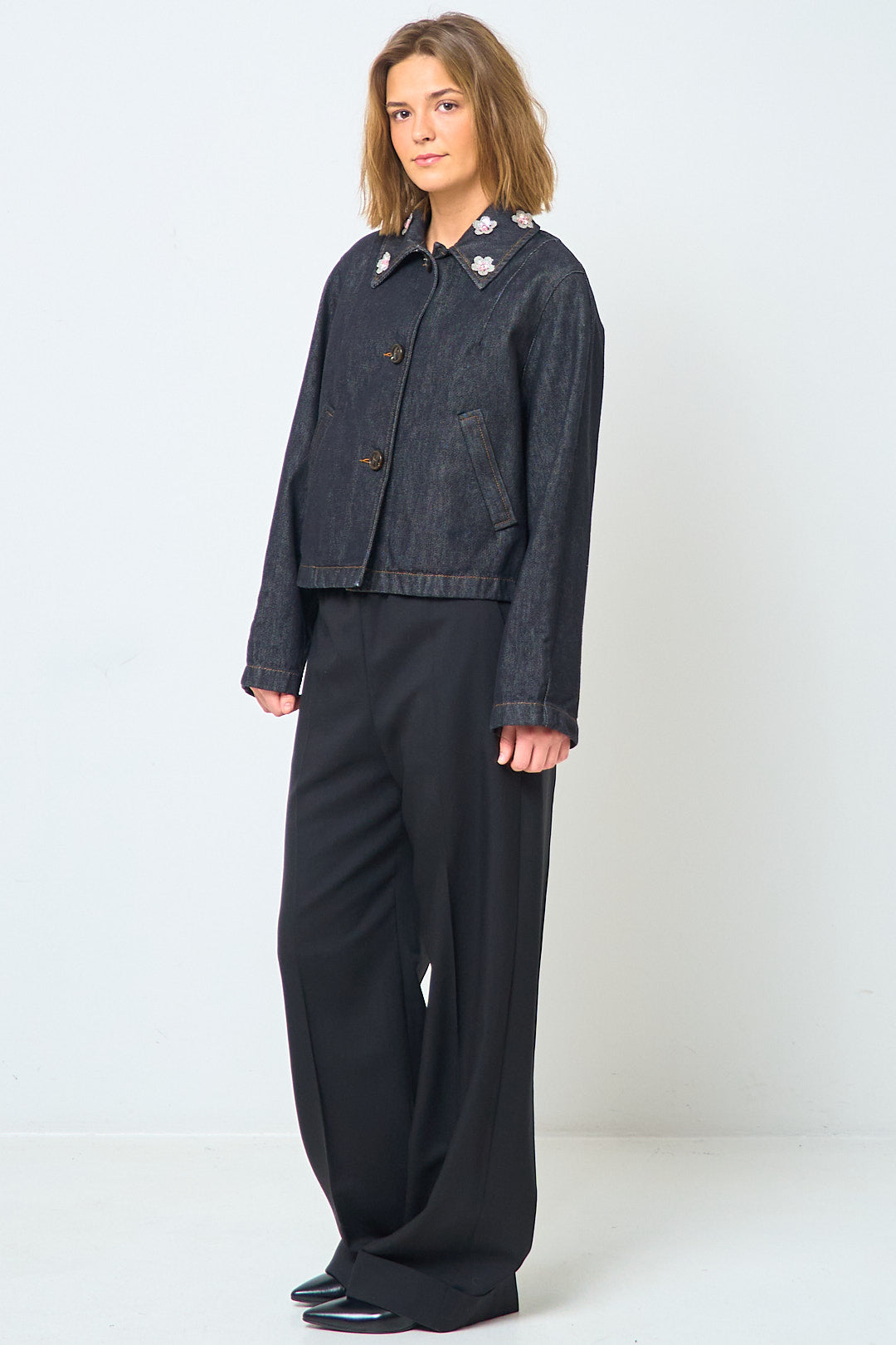 Black Denim Jacket With Daisies