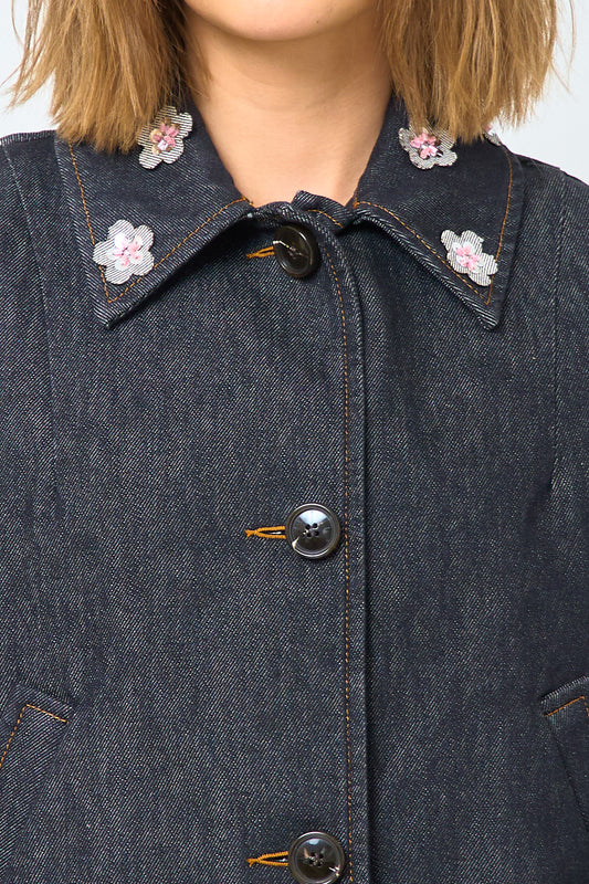 Black Denim Jacket With Daisies