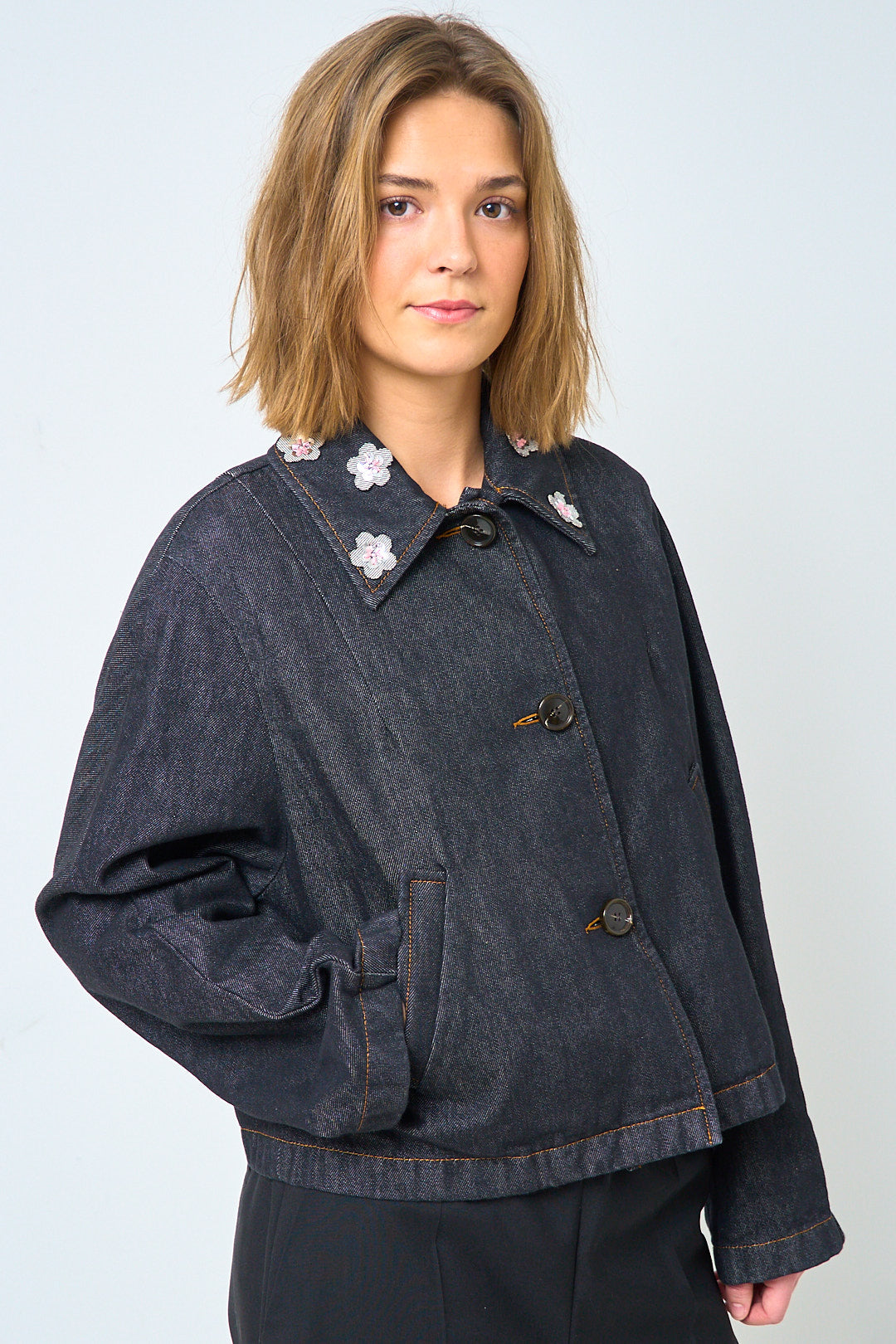 Black Denim Jacket With Daisies