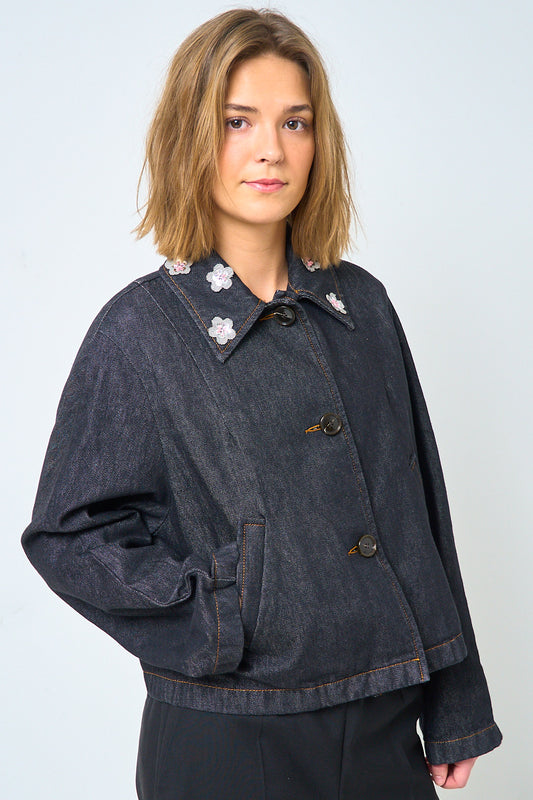 Black Denim Jacket With Daisies