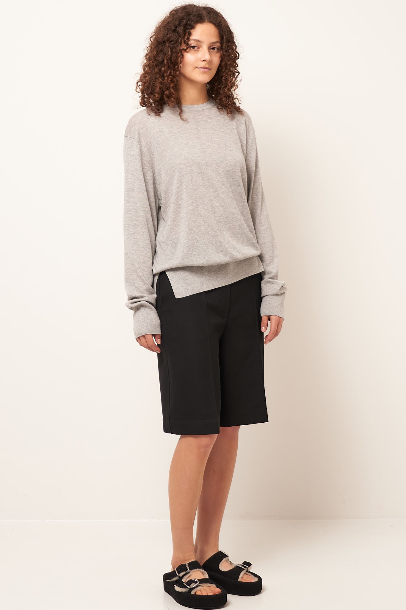 Crew-Neck Silk Cashmere Knit Grey Melange