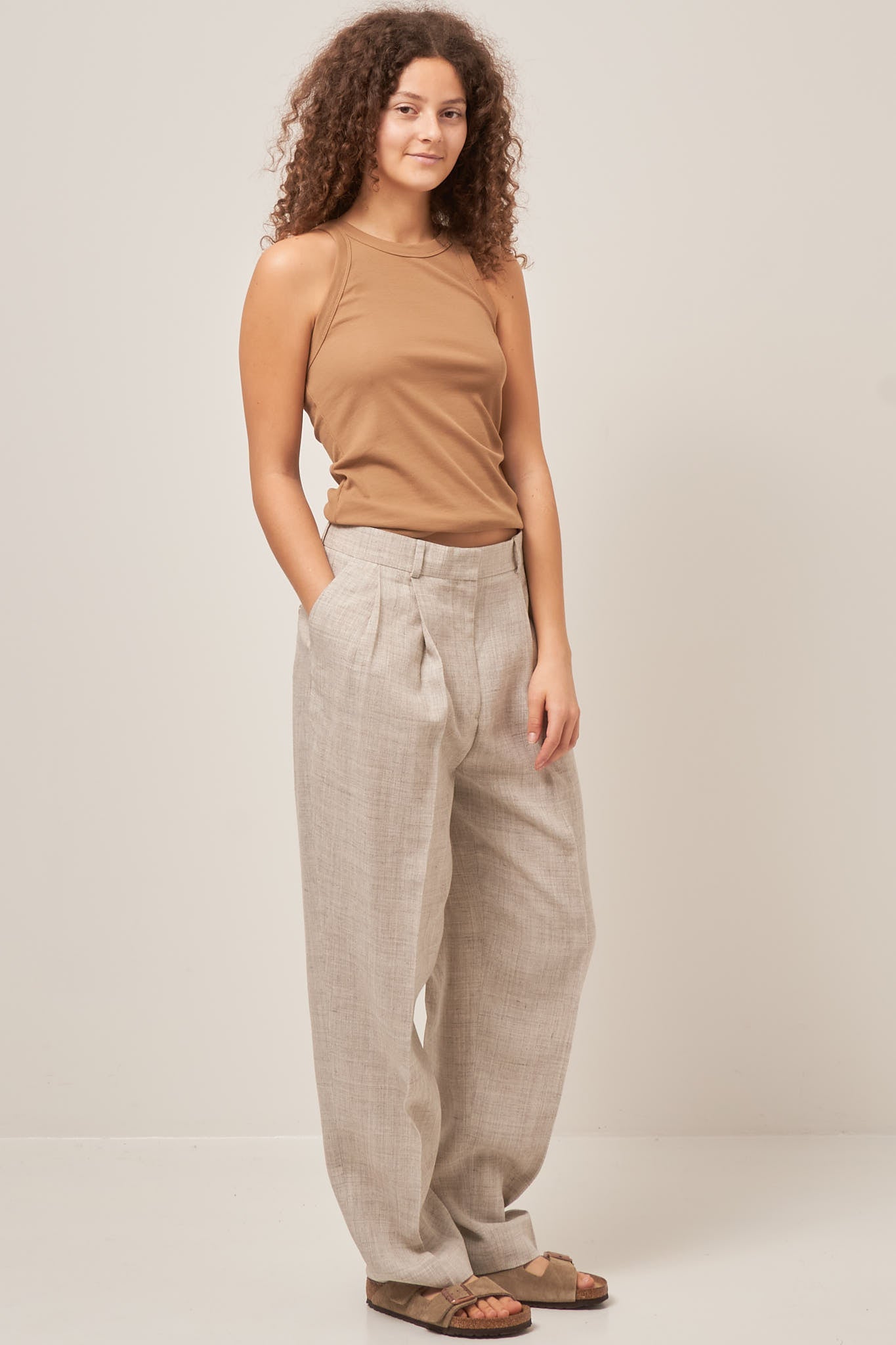 Double-Pleated Tailored Trousers Oat Melange