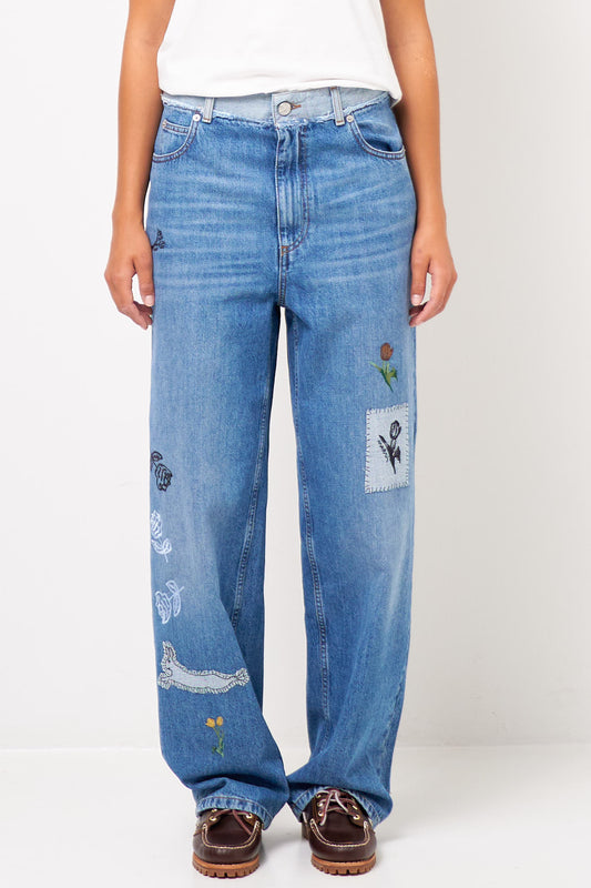 Embroidered Denim Jeans Blue