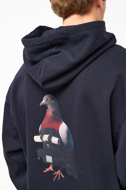 Loose Fit Hoodie Pigeon Print Black