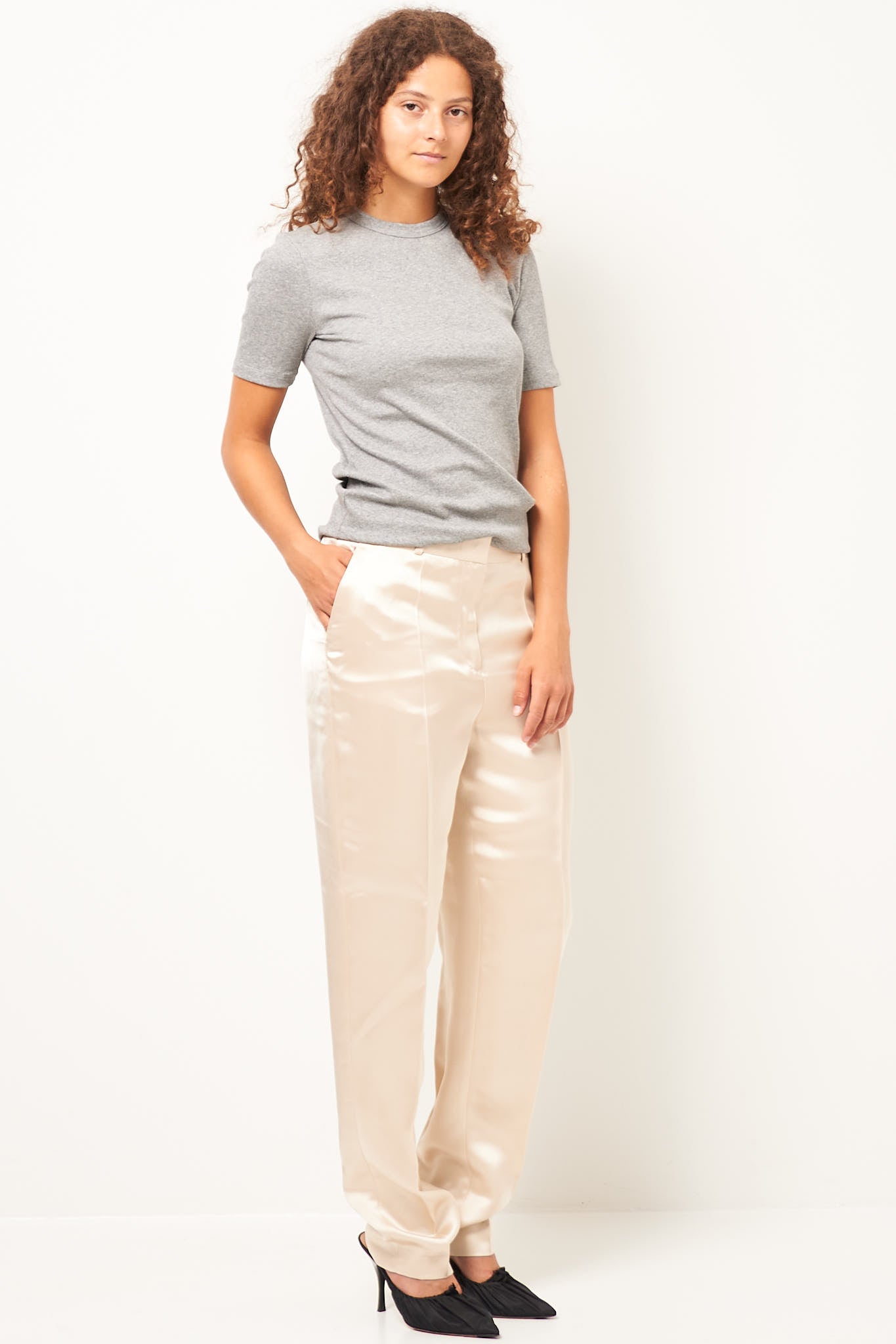 Low-Waist Satin Trousers Ecru