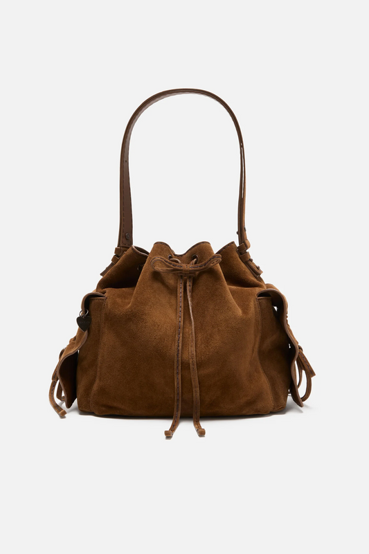 Multipocket Suede Bucket Bag Cognac Brown