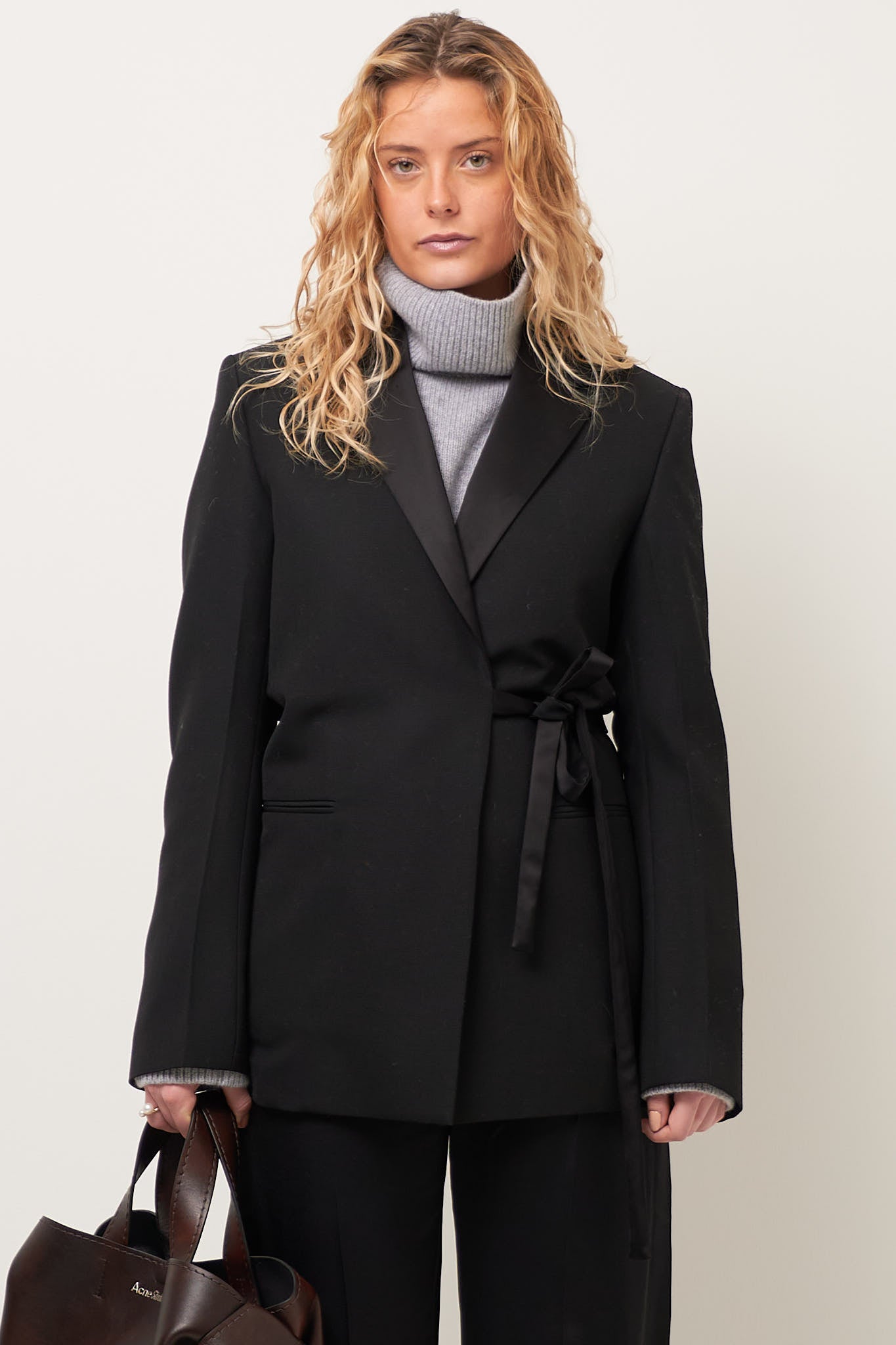 Satin-Lapel Wrap Blazer Black