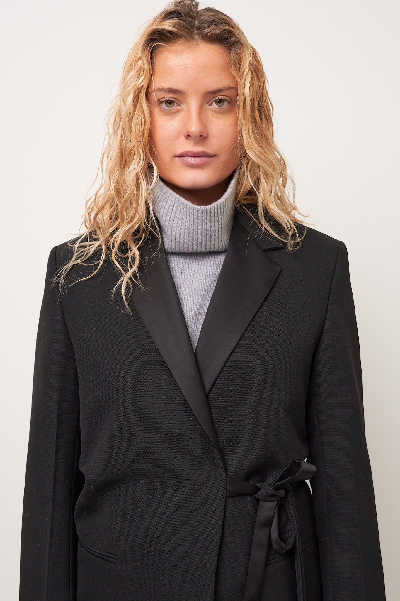 Satin-Lapel Wrap Blazer Black