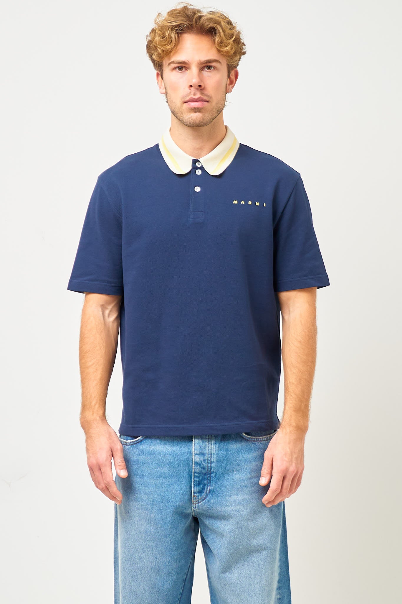 Striped Collar Polo Shirt Deep Blue
