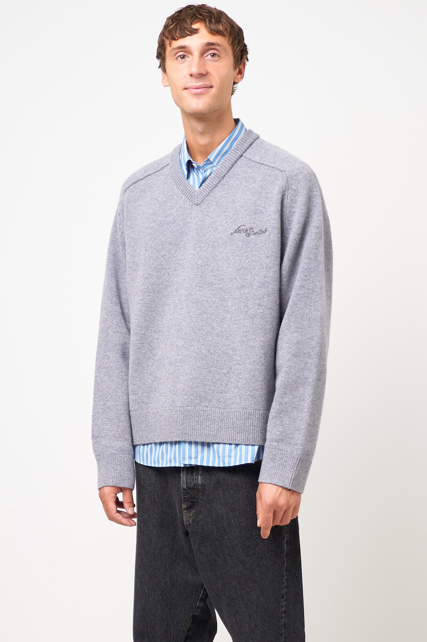 Wool V-Neck Sweater Dark Grey Melange