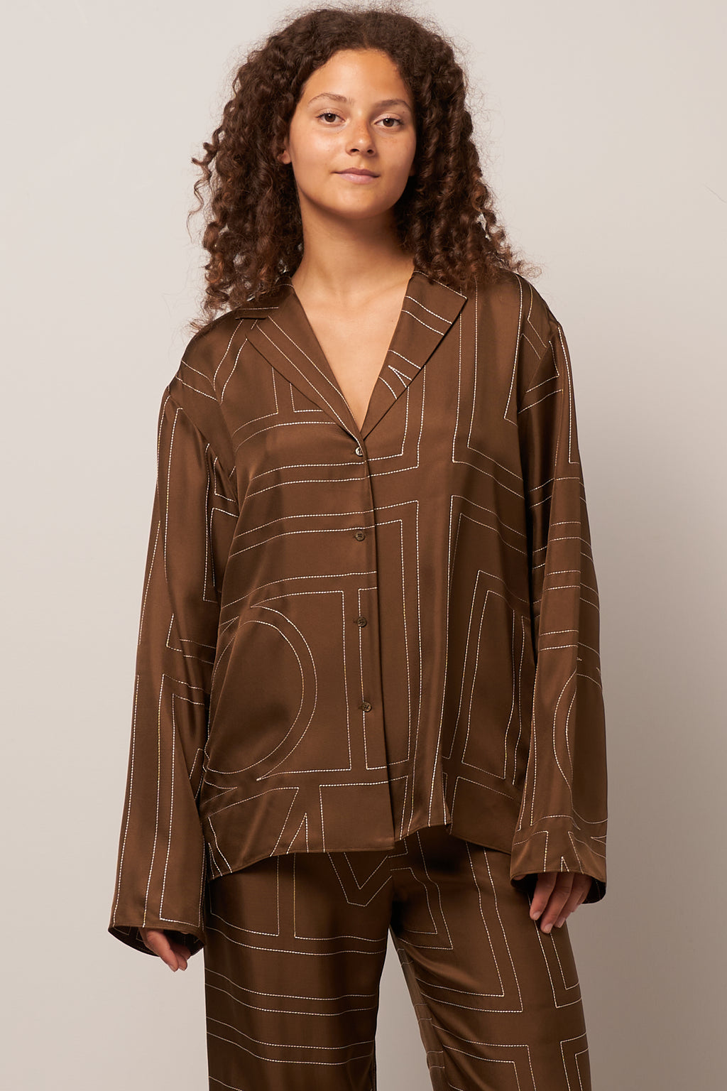 TOTEME - TOTEME Monogram Silk Pajama Top in Mocha 40 / 8 US - Hampden Clothing